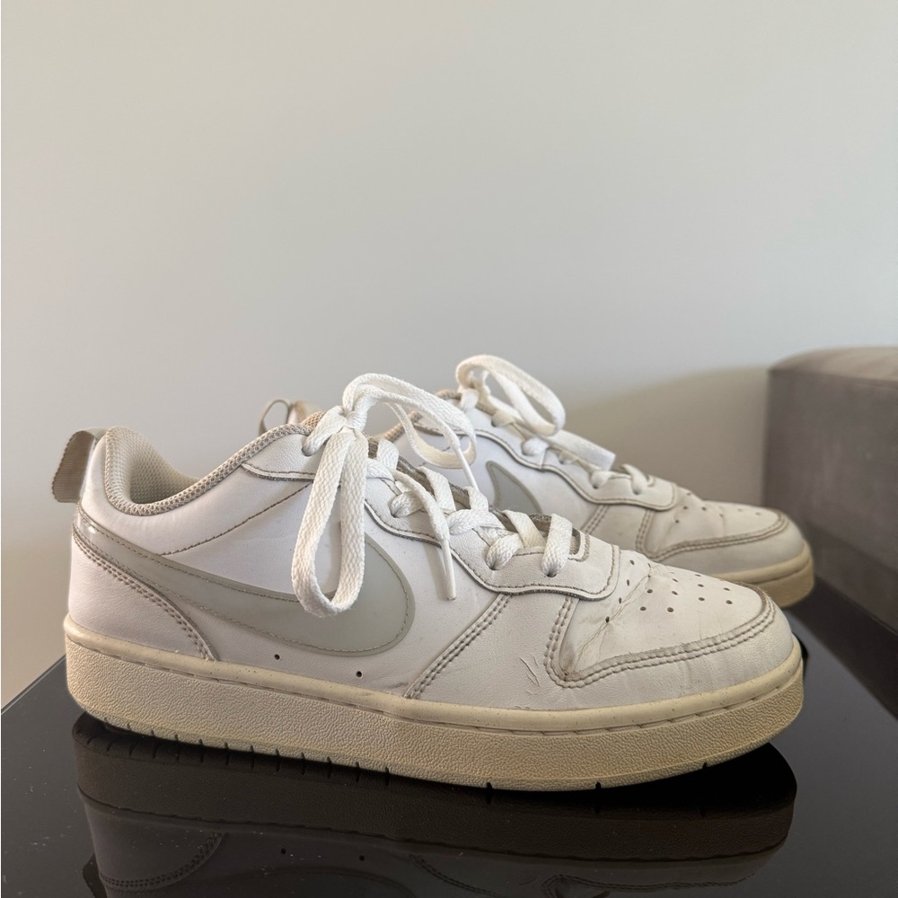 Nike White All Leather Air Force Sneakers with Glossy Grey Logo